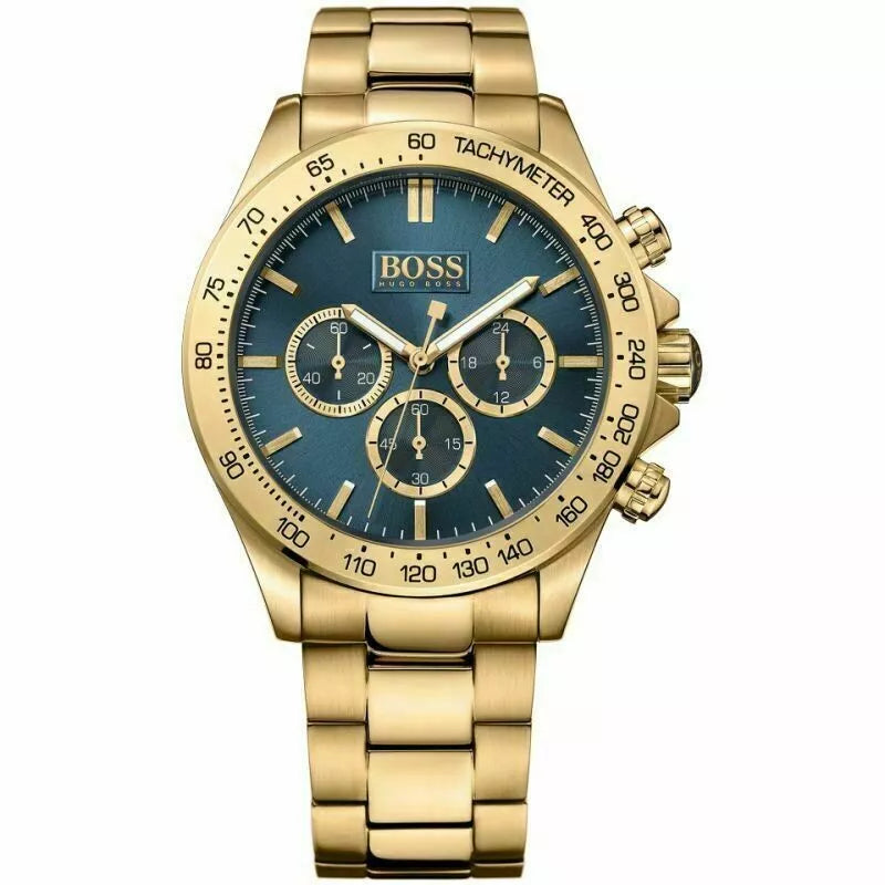 NEW HUGO BOSS HB1513340 MENS IKON STEEL GOLD BLUE DIAL CHRONOGRAPH WATCH 1 YEAR WARRANTY