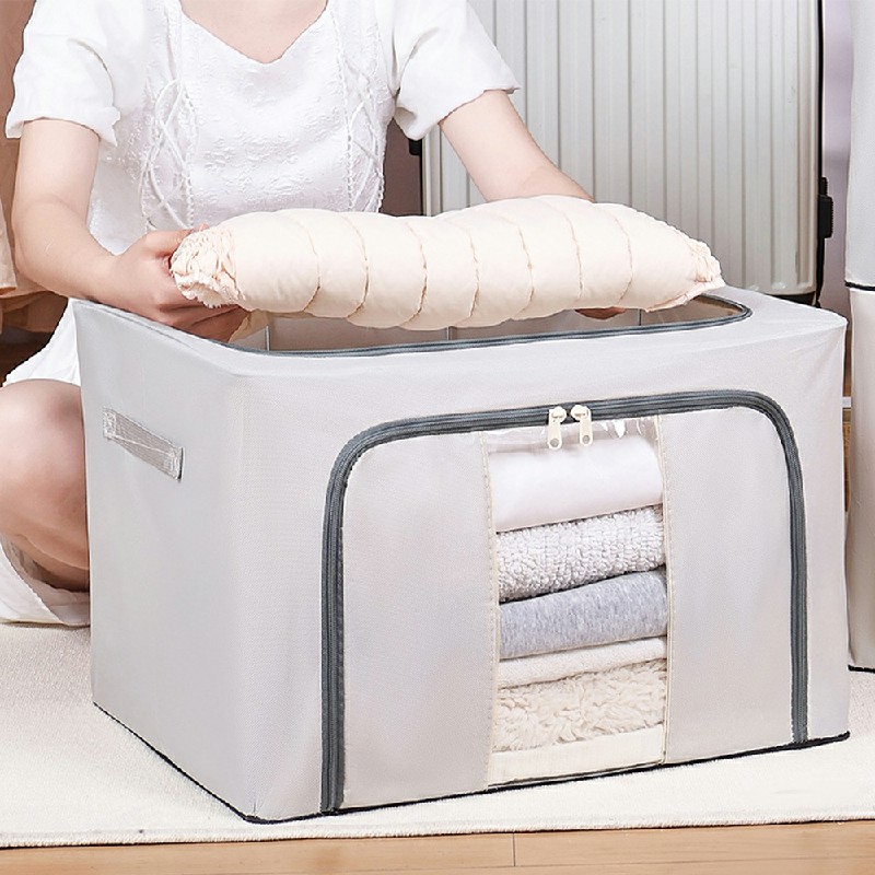 100L Folding Storage Box Thick Fabric Steel Frame Wardrobe Organizer - Grey