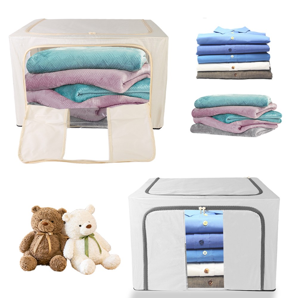 100L Folding Storage Box Thick Fabric Steel Frame Wardrobe Organizer - Grey