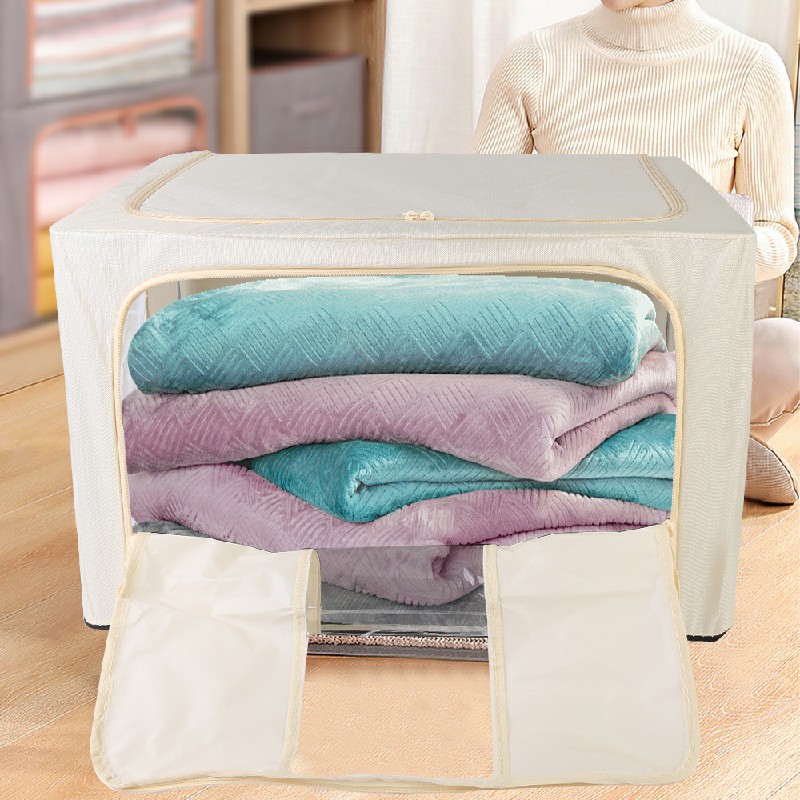 100L Folding Storage Box Thick Fabric Steel Frame Wardrobe Organizer - Khaki