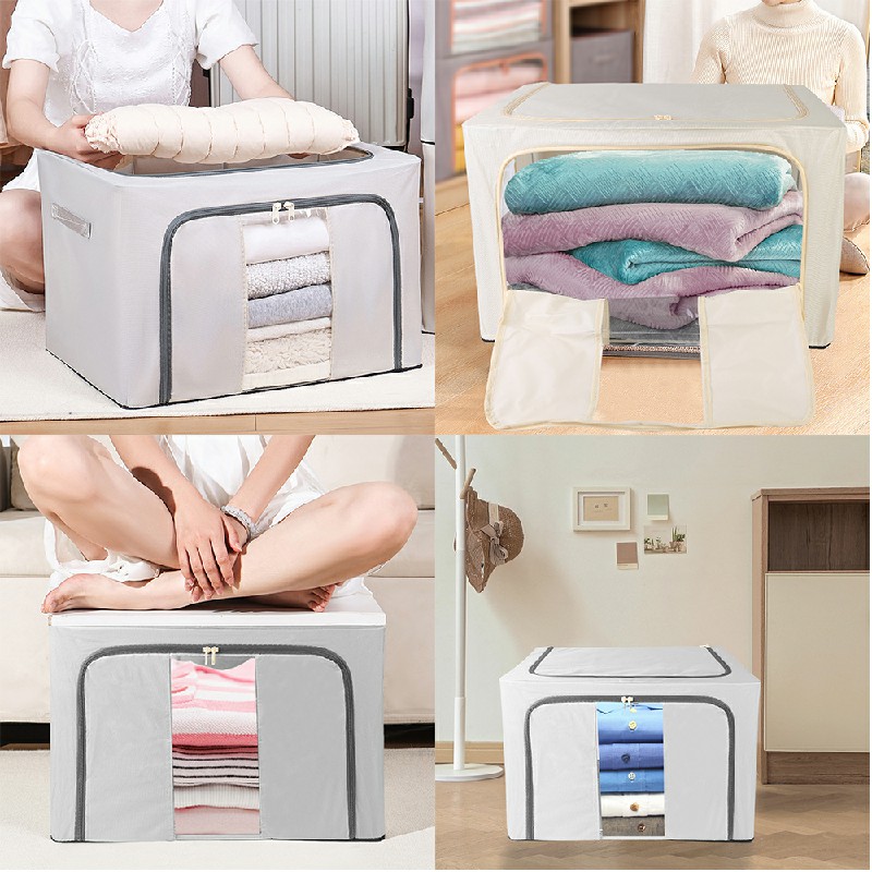 100L Folding Storage Box Thick Fabric Steel Frame Wardrobe Organizer - Khaki