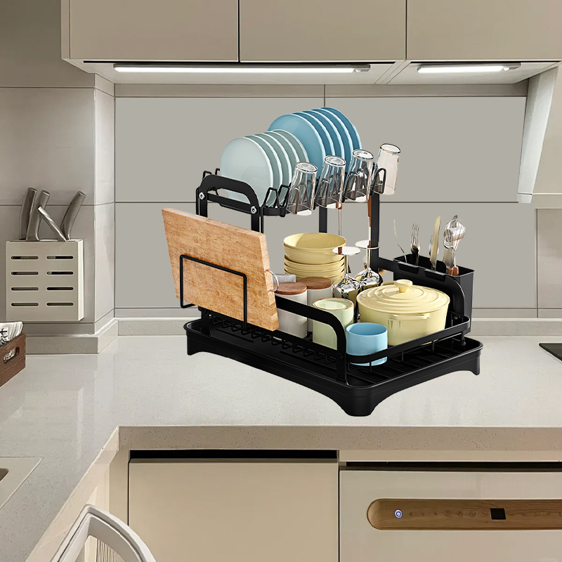 2 Tier Dish Drainer Rack Detachable Dish Drying Rack with Drainage Spout Utensil and Cutting Board Holder for Kitchen Counter - Black