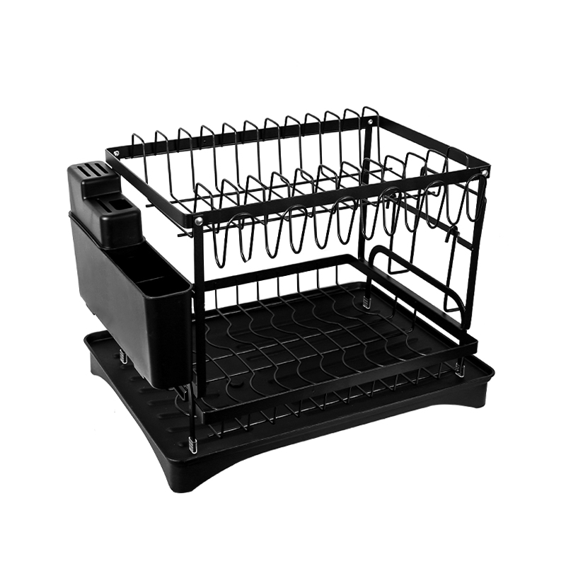 2 Tier Sink Dish Drainer Rack with Drip Tray Plate Rack Cutlery Holder for Kitchen - Black