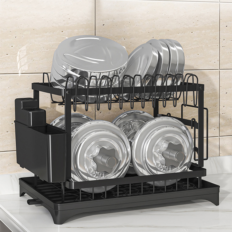 2 Tier Sink Dish Drainer Rack with Drip Tray Plate Rack Cutlery Holder for Kitchen - Black