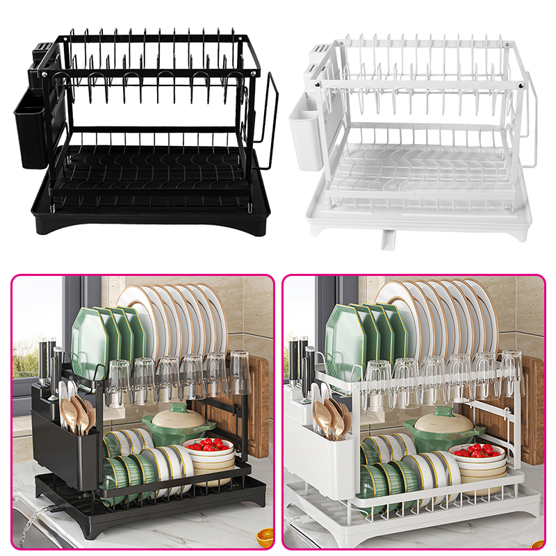 2 Tier Sink Dish Drainer Rack with Drip Tray Plate Rack Cutlery Holder for Kitchen - Black