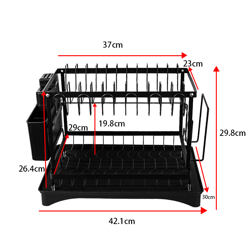 2 Tier Sink Dish Drainer Rack with Drip Tray Plate Rack Cutlery Holder for Kitchen - Black