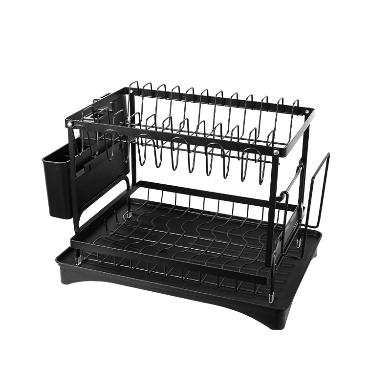 2 Tier Sink Dish Drainer Rack with Drip Tray Plate Rack Cutlery Holder for Kitchen - Black