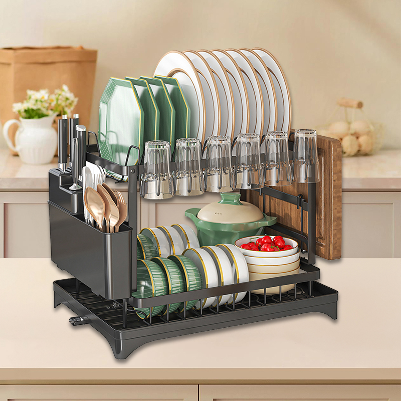 2 Tier Sink Dish Drainer Rack with Drip Tray Plate Rack Cutlery Holder for Kitchen - Black