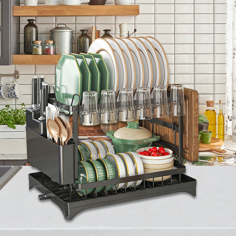 2 Tier Sink Dish Drainer Rack with Drip Tray Plate Rack Cutlery Holder for Kitchen - Black