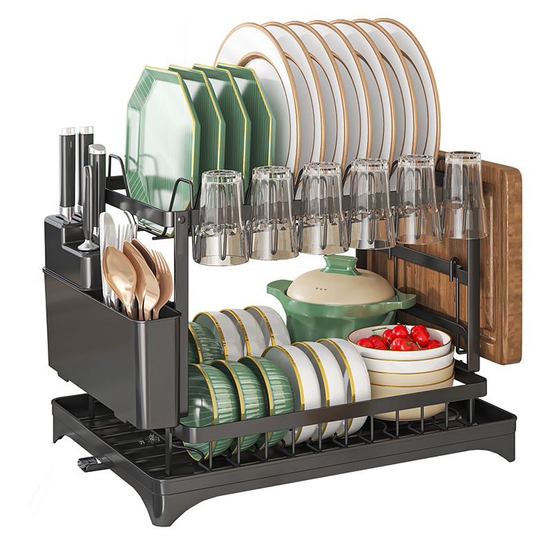 2 Tier Sink Dish Drainer Rack with Drip Tray Plate Rack Cutlery Holder for Kitchen - Black
