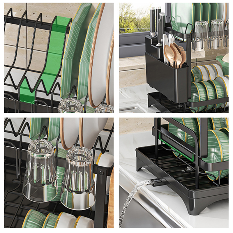 2 Tier Sink Dish Drainer Rack with Drip Tray Plate Rack Cutlery Holder for Kitchen - Black