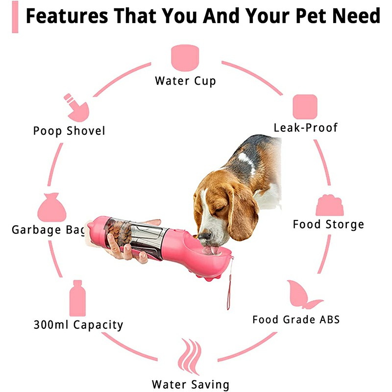300 ml Pet Dog Water Bottle Portable Drinking Water Dispenser with Poo bags - Pink