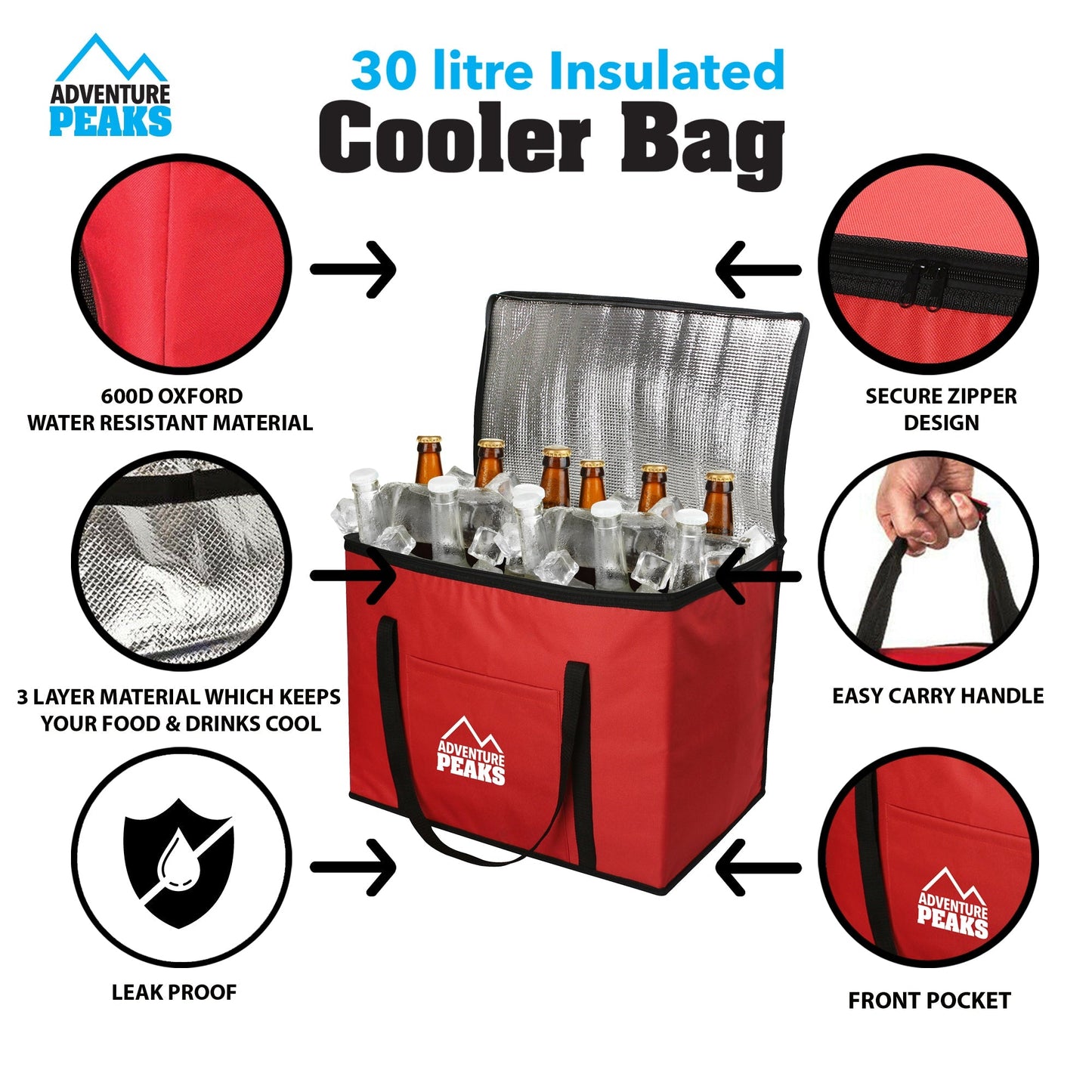 30L Camping Insulated Cooler Bag 40 x 26 x 33cm Red
