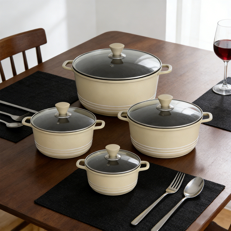 4PCS Die Cast Stockpot Pan with Lids Non Stick Cookware Set Stockpot Pan Stock Pot Kitchen Cooking Cream Color