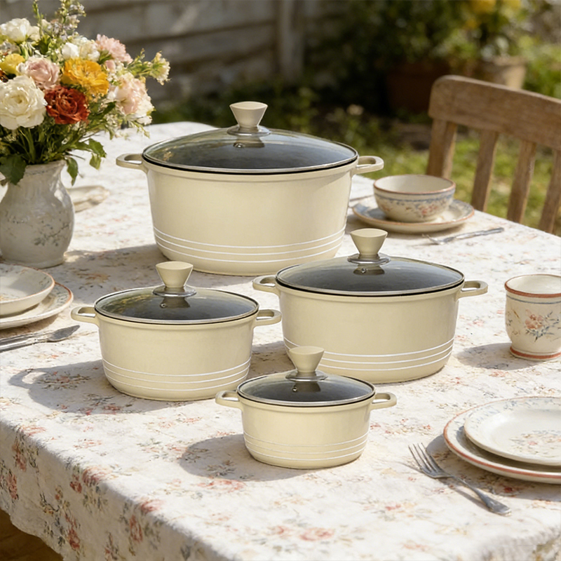 4PCS Die Cast Stockpot Pan with Lids Non Stick Cookware Set Stockpot Pan Stock Pot Kitchen Cooking Cream Color