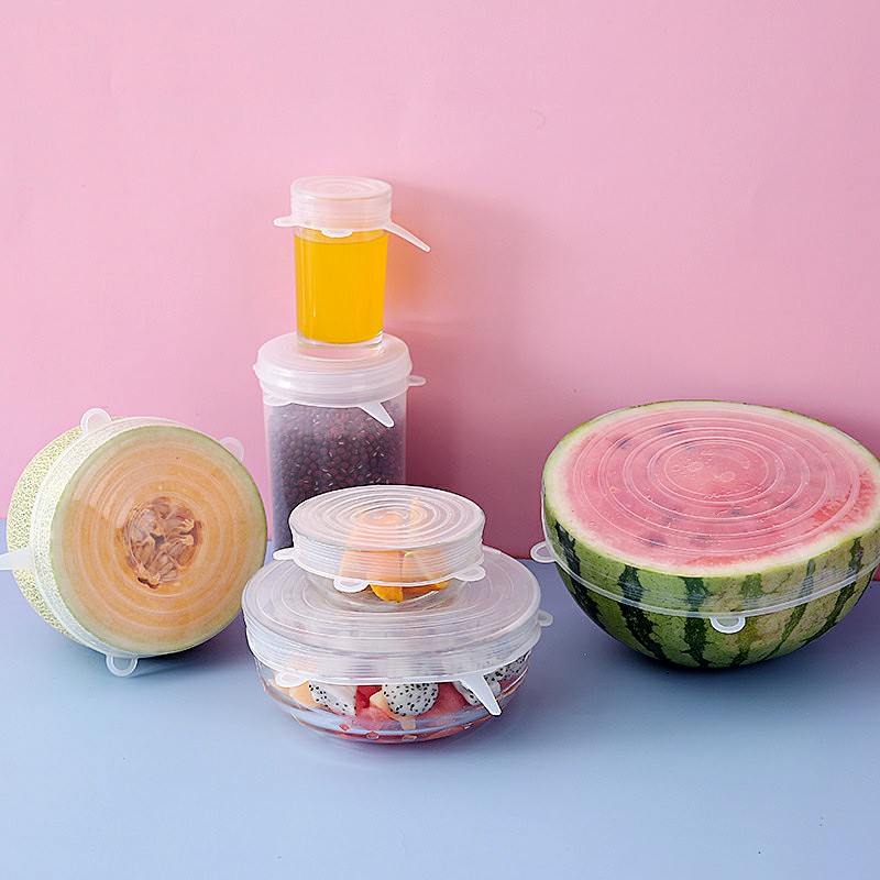 6 pcs Magic Silicone Stretch Lid Reusable Wrap Covers Microwave Oven Compatible - Clear