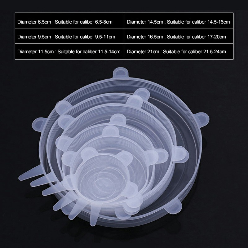 6 pcs Magic Silicone Stretch Lid Reusable Wrap Covers Microwave Oven Compatible - Clear