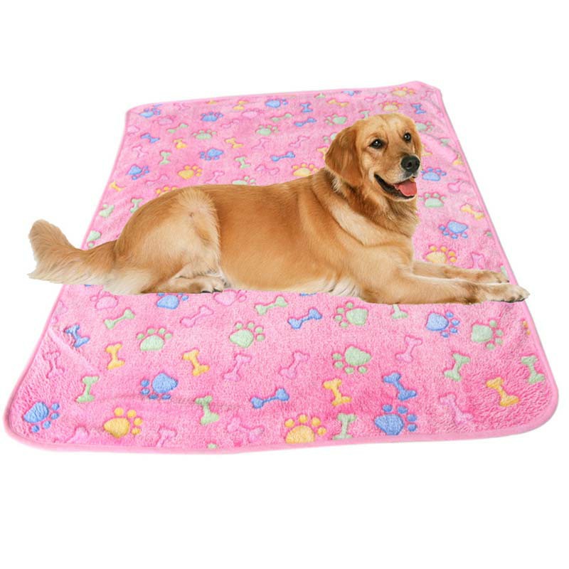 76x52cm Warm Pet Mat Bone Print Cat Dog Puppy Fleece Soft Blanket Bed Cushion Cover - Pink