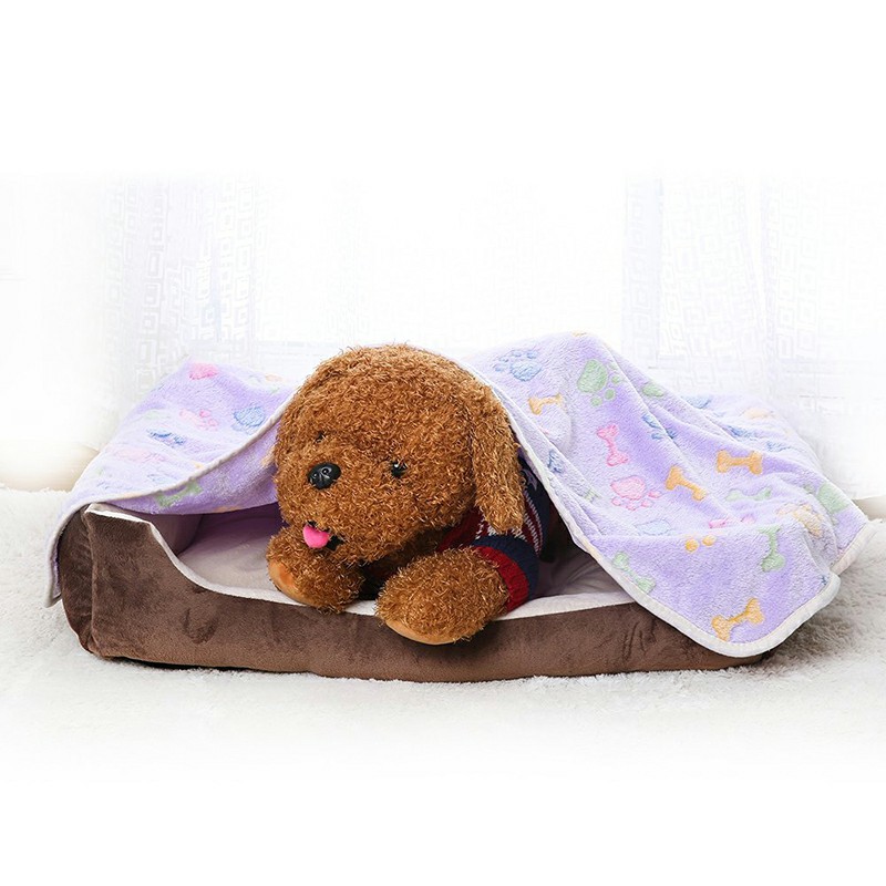 76x52cm Warm Pet Mat Bone Print Cat Dog Puppy Fleece Soft Blanket Bed Cushion Cover - Purple