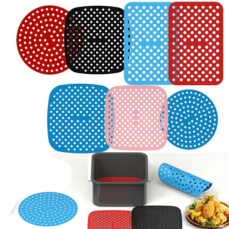 8 inch Reusable Air Fryer Liners Non-Stick Silicone Pad Mat Basket Round - Red
