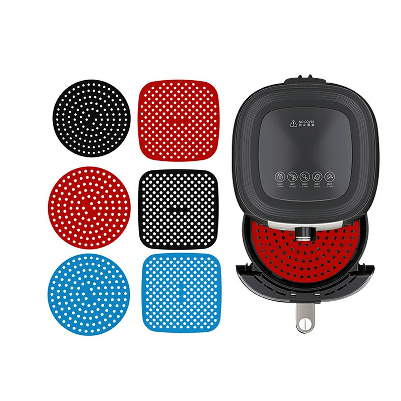8 inch Reusable Air Fryer Liners Non-Stick Silicone Pad Mat Basket Round - Red