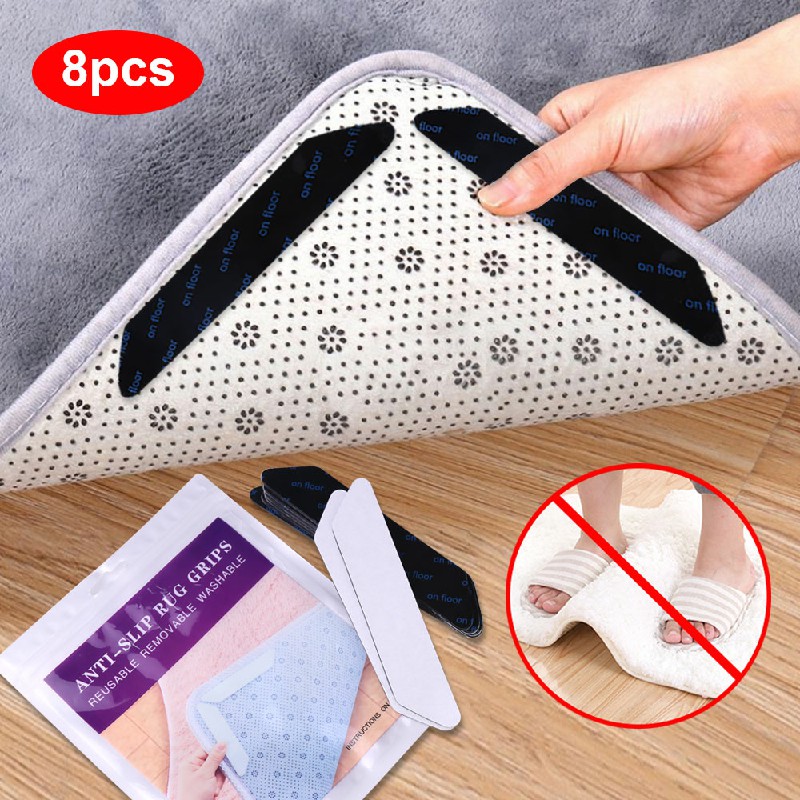 8 pcs Anti Slip Soft Mat Rug Carpet Anti Curling Rug Grippers Tape Floor Stickers - Black