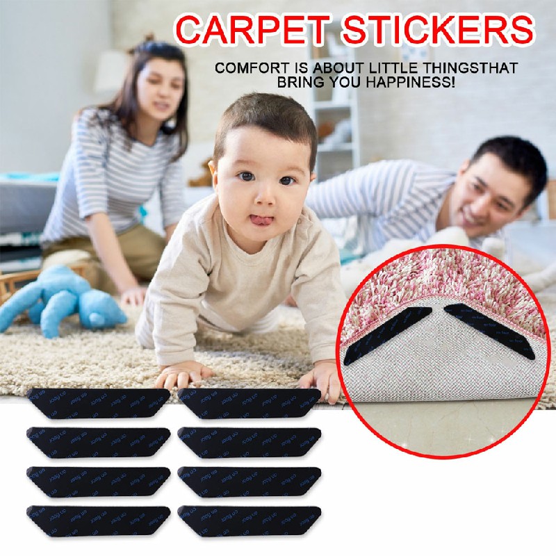 8 pcs Anti Slip Soft Mat Rug Carpet Anti Curling Rug Grippers Tape Floor Stickers - Black