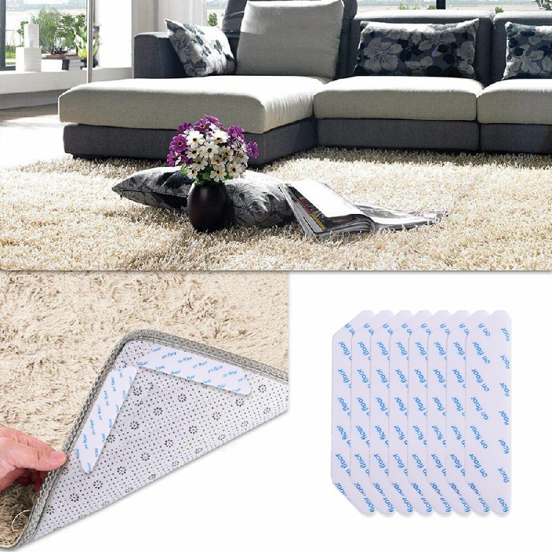 8 pcs Anti Slip Soft Mat Rug Carpet Anti Curling Rug Grippers Tape Floor Stickers - White