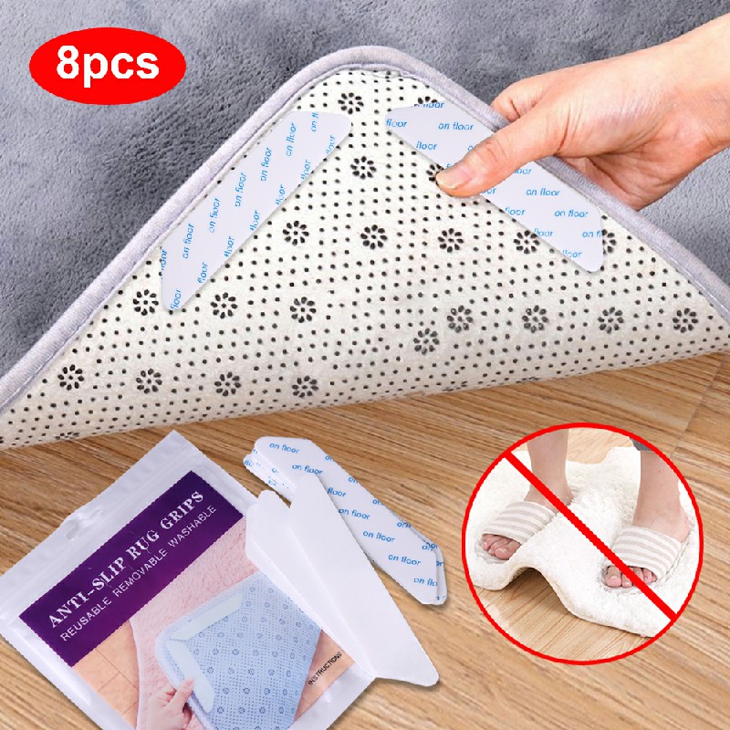 8 pcs Anti Slip Soft Mat Rug Carpet Anti Curling Rug Grippers Tape Floor Stickers - White