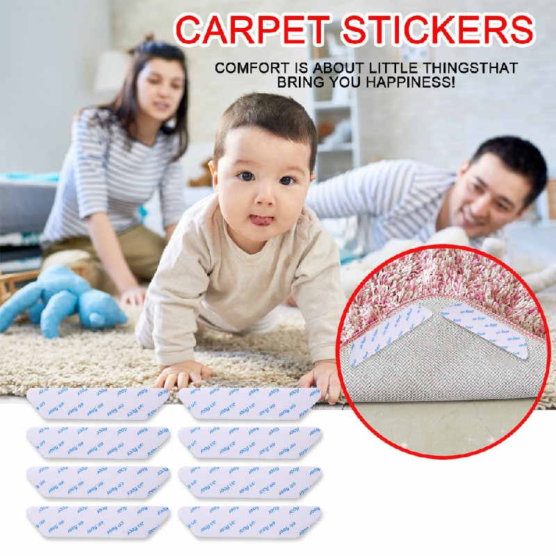 8 pcs Anti Slip Soft Mat Rug Carpet Anti Curling Rug Grippers Tape Floor Stickers - White