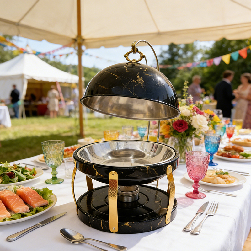 8L Buffet Banquet Chafing Dish with Lid Black Marble Print Design Buffet Food Warmers Fancy Elegant Cheffing Dishes for Weddings Party