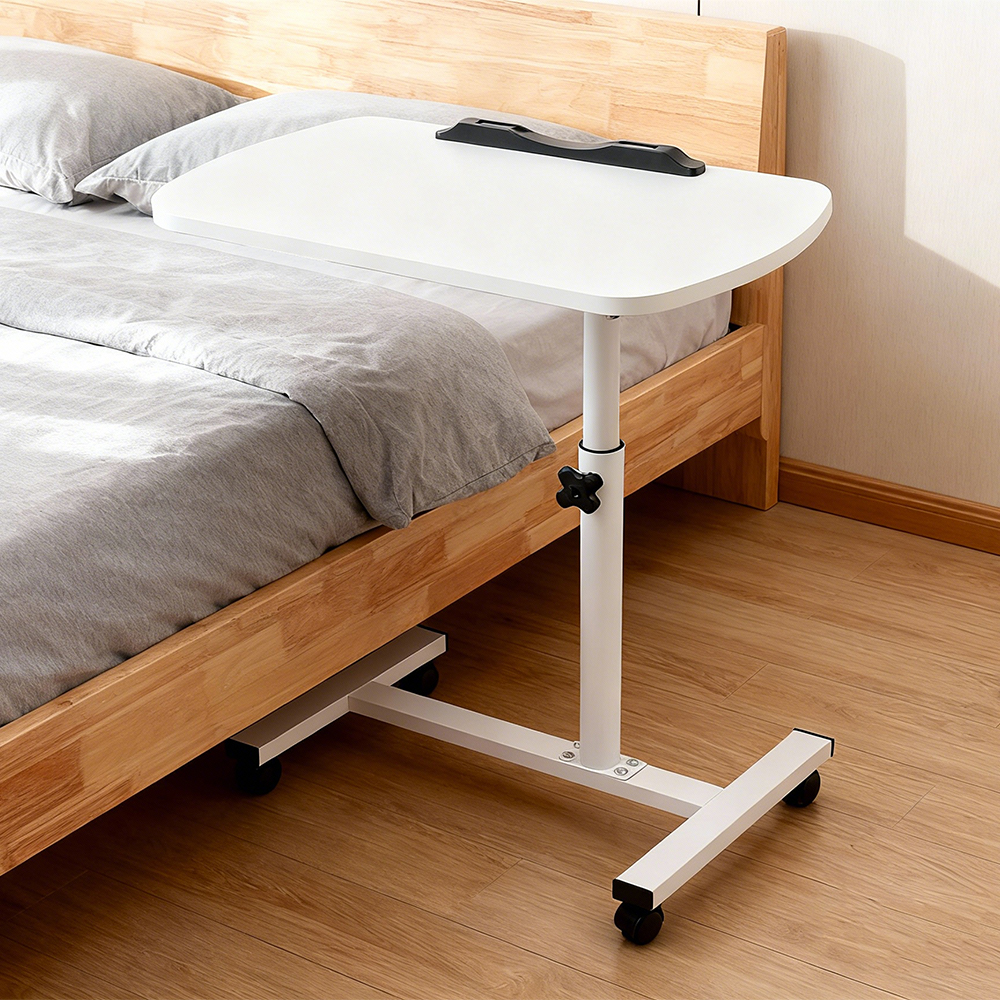 Adjustable Overbed Table Over Hospital Bed Tray with Wheels for Home Use or Medical - White