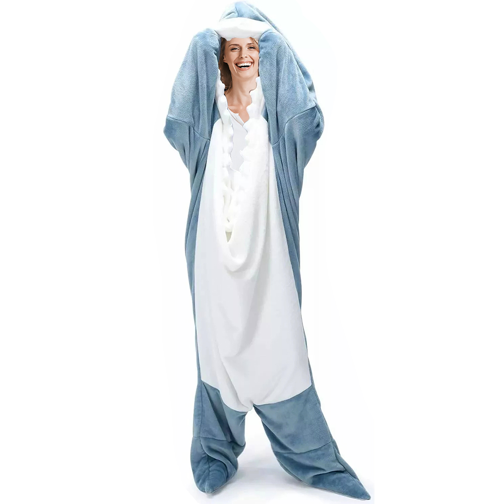 Adult Flannel Wearable Shark Blanket Hoodie Super Soft Cozy Blanket Sleeping Bag - L