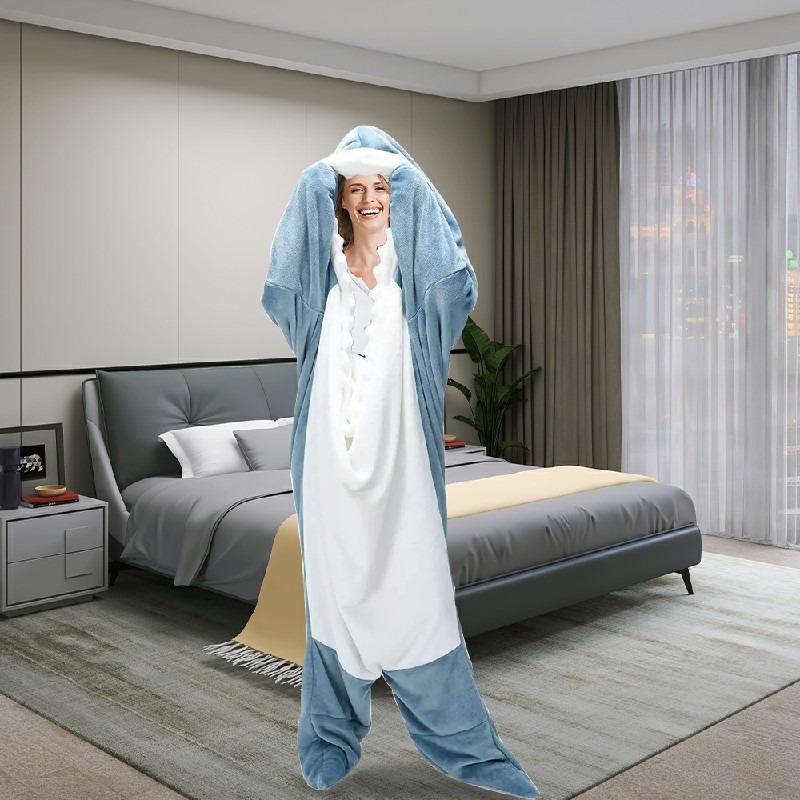 Adult Flannel Wearable Shark Blanket Hoodie Super Soft Cozy Blanket Sleeping Bag - L