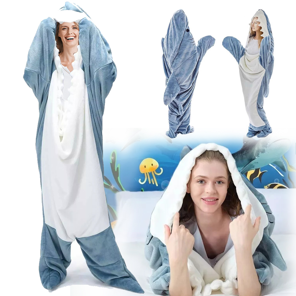Adult Flannel Wearable Shark Blanket Hoodie Super Soft Cozy Blanket Sleeping Bag - L