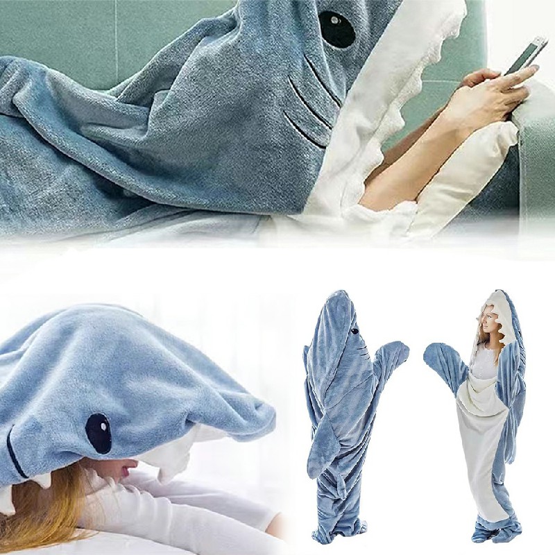 Adult Flannel Wearable Shark Blanket Hoodie Super Soft Cozy Blanket Sleeping Bag - L