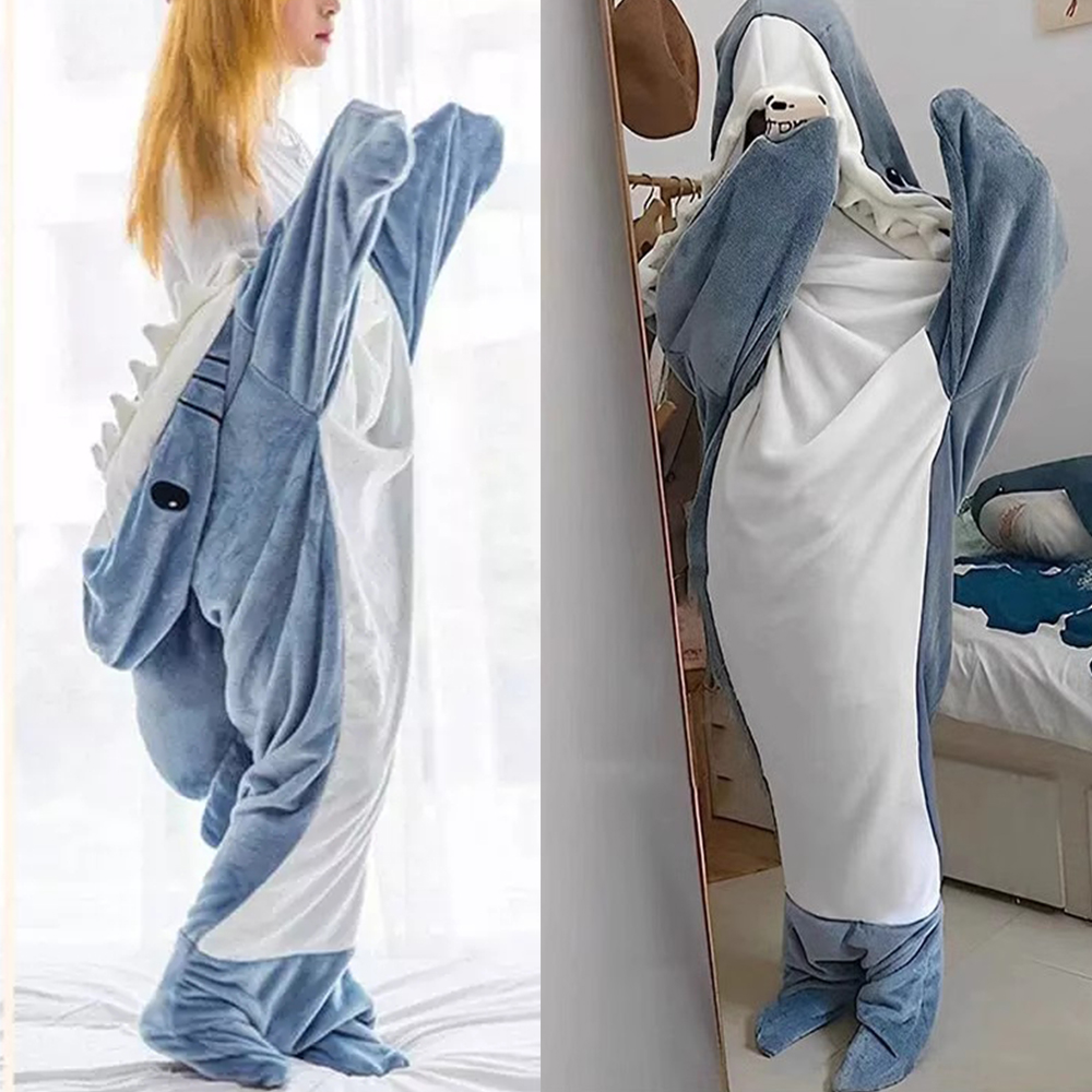Adult Flannel Wearable Shark Blanket Hoodie Super Soft Cozy Blanket Sleeping Bag - L