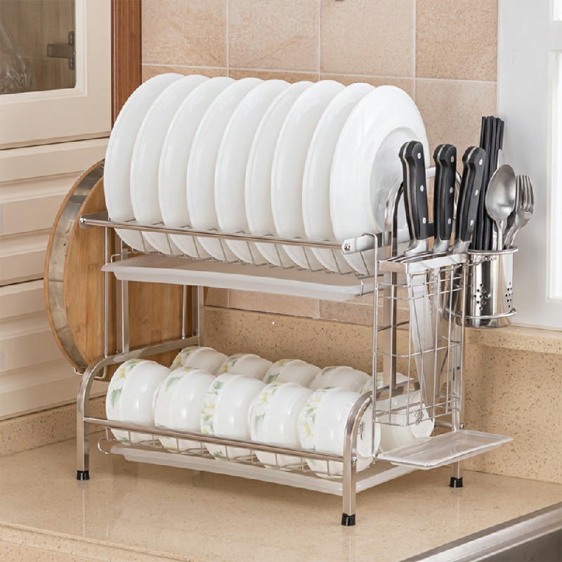 Anti Rust Dish Drainer Rack with Drip Tray Dish Rack for Kitchen - Silver