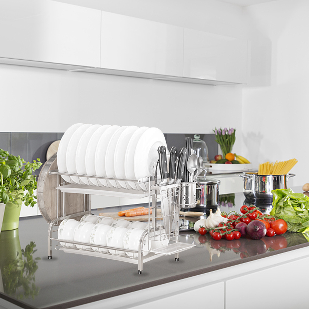 Anti Rust Dish Drainer Rack with Drip Tray Dish Rack for Kitchen - Silver