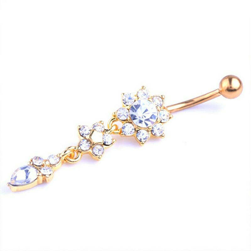 Belly Bars Navel Crystal Drop Button Ring Body Piercing Jewellery - Gold