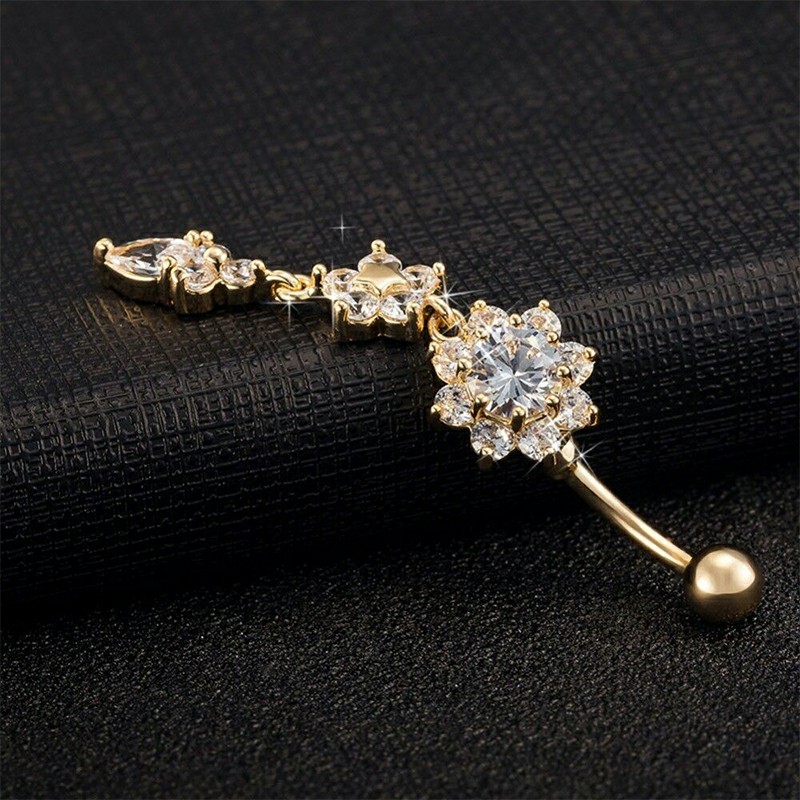 Belly Bars Navel Crystal Drop Button Ring Body Piercing Jewellery - Gold