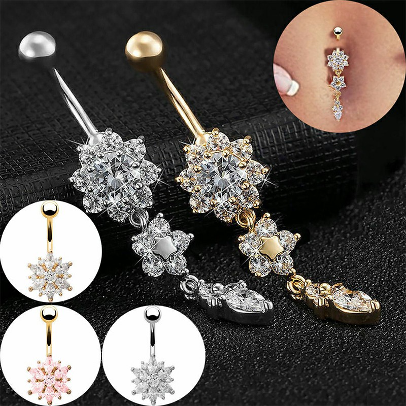 Belly Bars Navel Crystal Drop Button Ring Body Piercing Jewellery - Gold