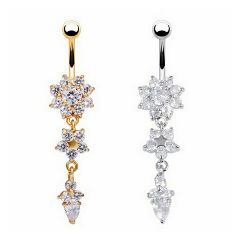 Belly Bars Navel Crystal Drop Button Ring Body Piercing Jewellery - Gold