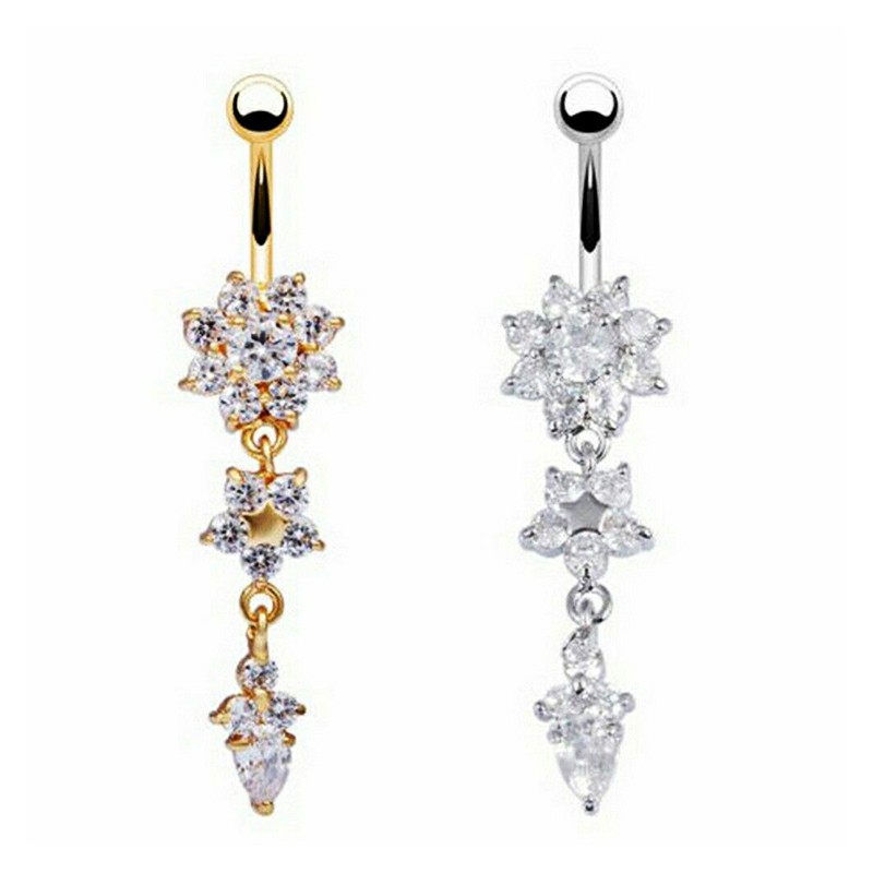 Belly Bars Navel Crystal Drop Button Ring Body Piercing Jewellery - Silver