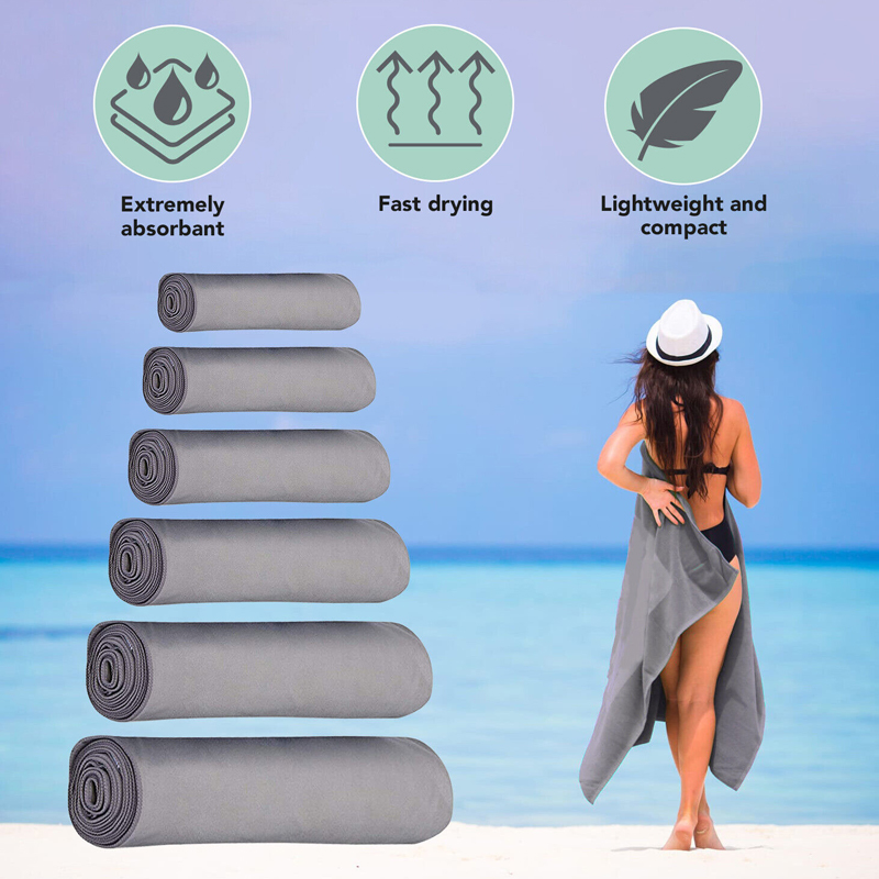 Compact Fast Drying Microfibre Beach Towel for Travel Camping Swimming 80*180cm - Grey