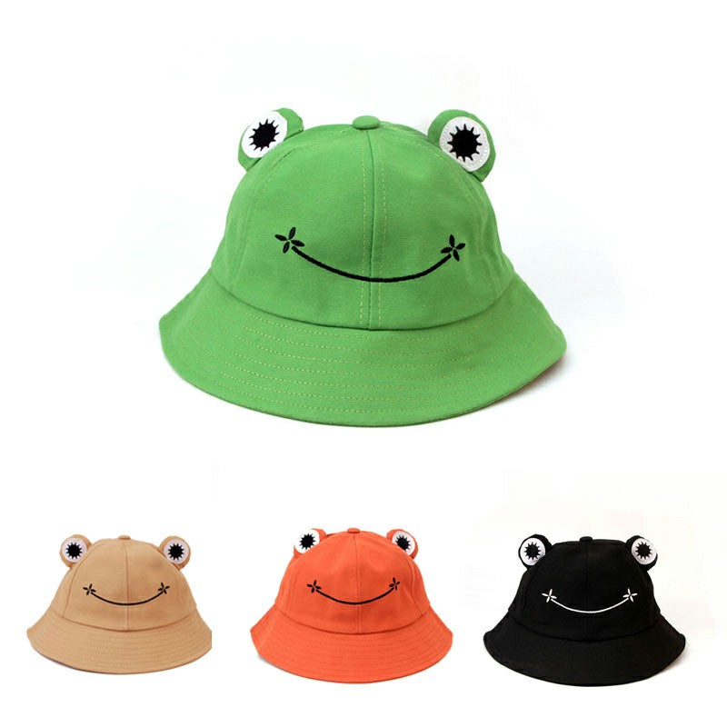 Cute Frog Bucket Hat Cotton Fisherman Sun Protector Cap - Khaki