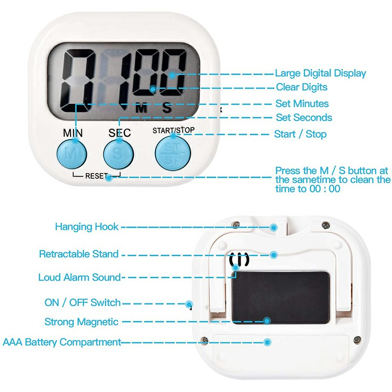 Digital Kitchen Timers with Loud Alarm for Cooking Baking Workout Sports Games - White