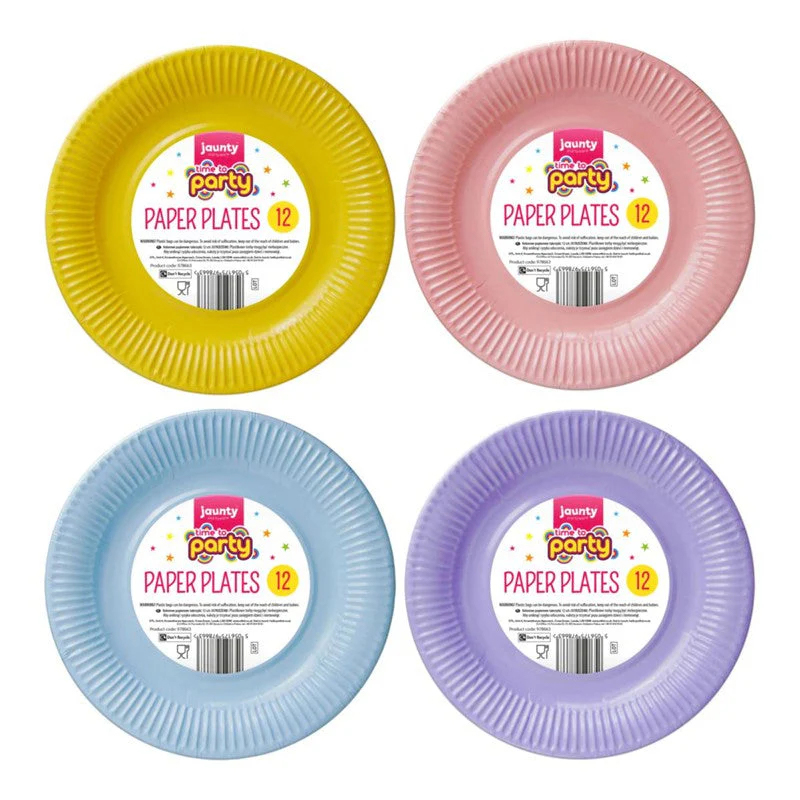 Disposable Jaunty Party Paper Plates 9 Inch Pack of 12 - Random Colours