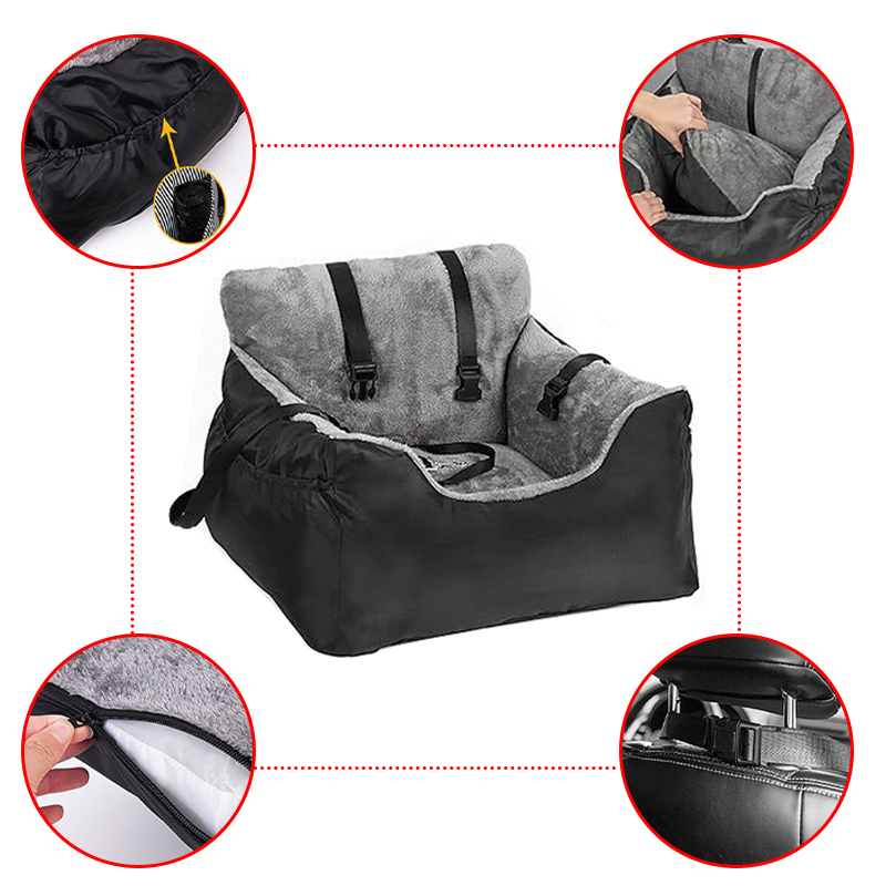 Dog Car Seat Plush Cosy Pet Car Booster Seat for Small Dogs and Cats with Storage Pocket and Safety Leash - Grey