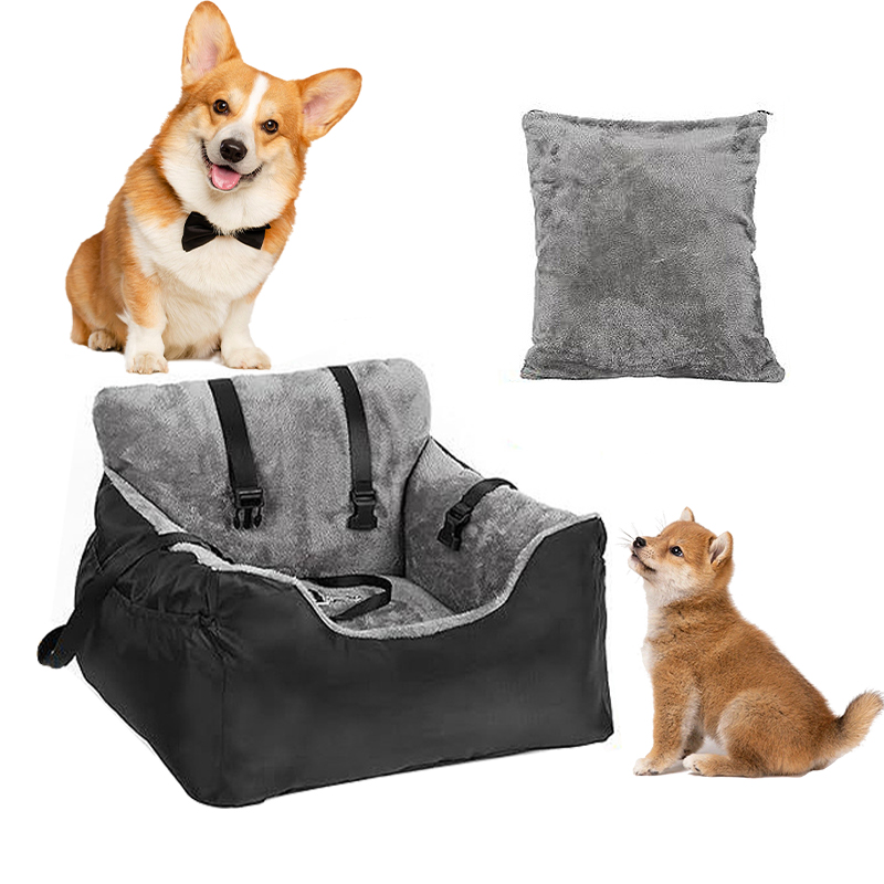 Dog Car Seat Plush Cosy Pet Car Booster Seat for Small Dogs and Cats with Storage Pocket and Safety Leash - Grey
